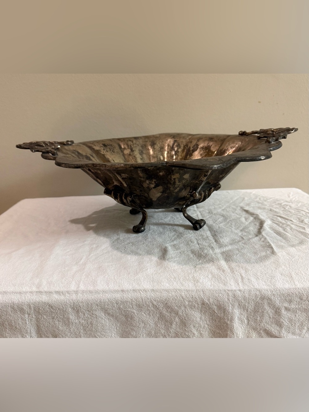 Ornate Footed Decorative Bowl in Aged Silver